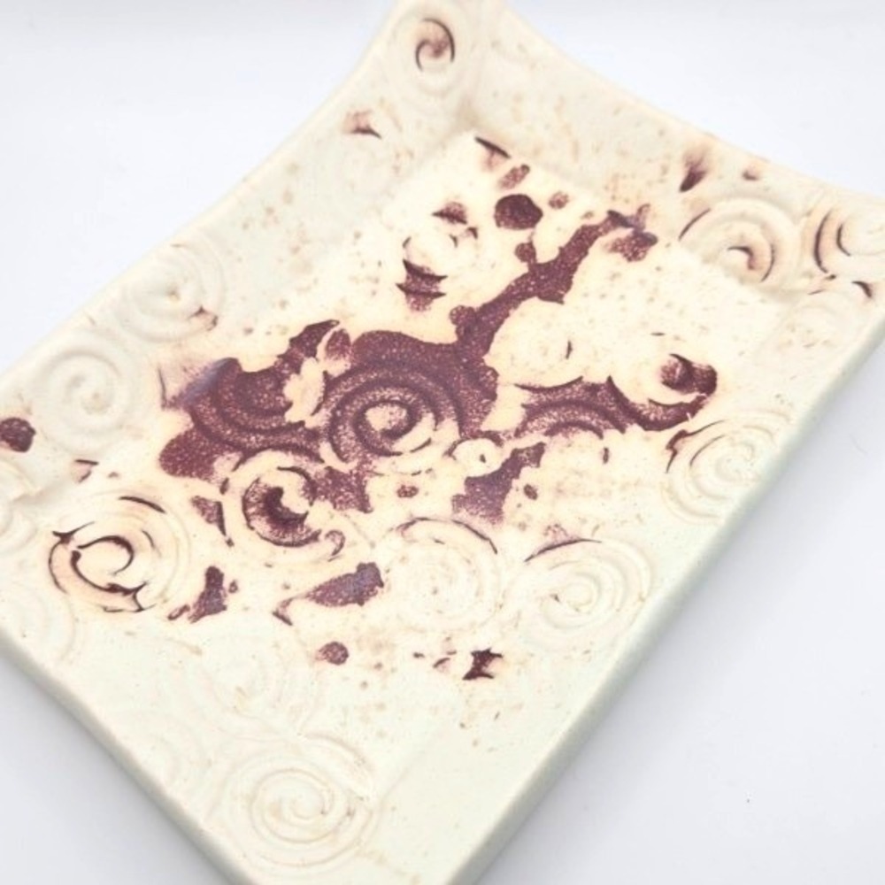 Handmade Ceramic Rectangular Dish Swirl Embossed Textured Rustic Kitchen Decor - Picture 2 of 7